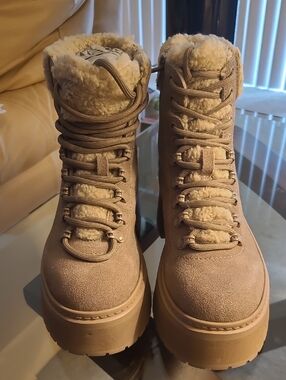 Aqua Tan Faux-Shearling Lace-Up Platform Boots